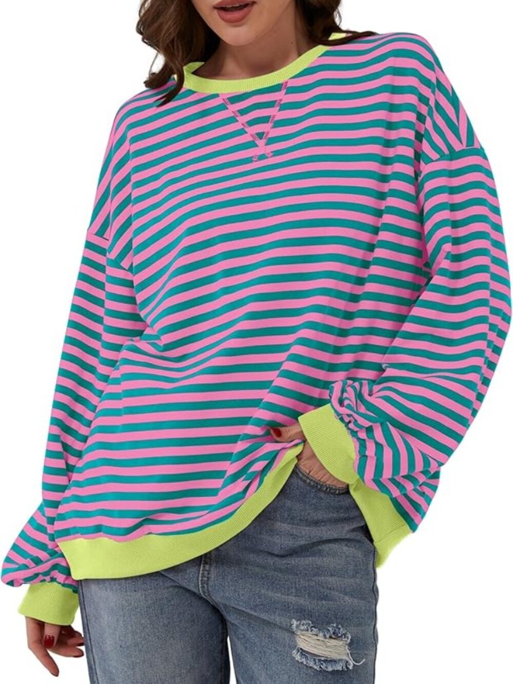 Oversized Striped Long Sleeve Crew Neck Sweatshirt - Size: S/Color: Pink+Teal